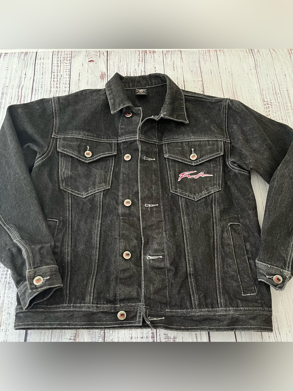 90s Y2K FUBU Black Denim Jacket Size L Hip Hop Streetwear Vintage Trucker
